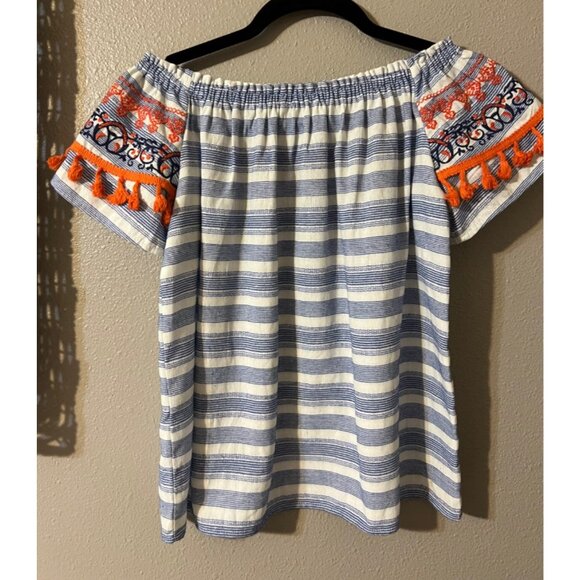 THML Top Blue Orange Ivory S Small Tassel Embroidered Cotton Off Shoulder - Picture 8 of 8